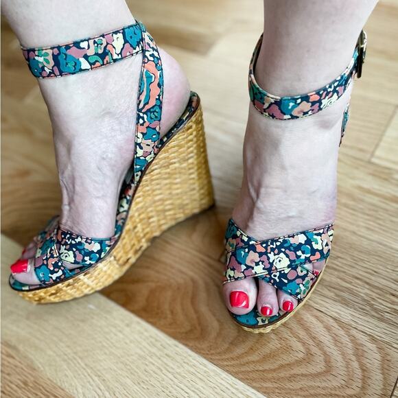 Vintage Marc Jacobs floral canvas & rattan wedge espadrilles sandals size 37 US7 - Picture 12 of 13